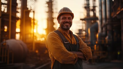 Obraz premium Smiling male worker in hard hat at refinery.