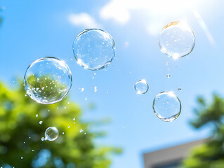 Soap bubbles floating in the sunny blue sky.