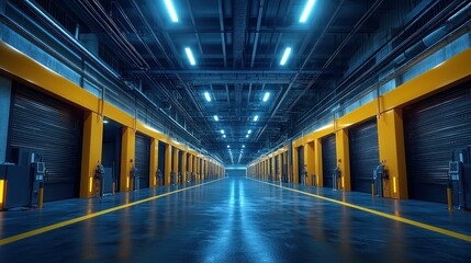 Obraz premium Modern industrial warehouse with illuminated loading bays.