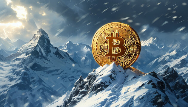High bitcoin price, all time high, golden bitcoin on top of a high snowy mountain peak, snow storm, cryptocurrency peak, crypto hype, bitcoin investment 