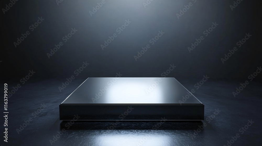 Aufkleber A mirror-black rectangular platform on a dark background, featuring a sleek and modern design that emphasizes depth and reflection in a minimalist aesthetic.