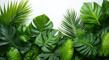 Fototapeta premium Lush green tropical leaves on white background.