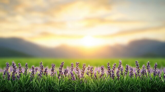 Lavender Field with Sunset Over Mountains