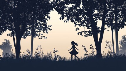 Silhouette of girl walking in misty forest at dawn.