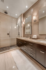 A modern bathroom featuring a walk-in rain shower and a large vanity, creating a luxurious and spacious atmosphere.