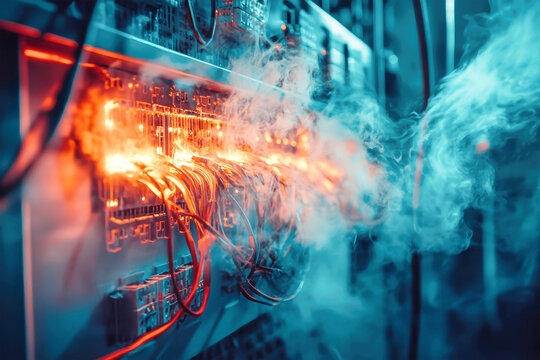 Intriguing electrical discharge ignites fire in wiring box surrounded by acrid smoke and vibrant light in a surreal environment