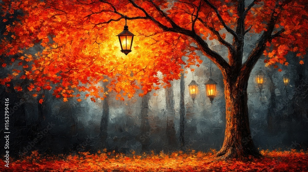 Poster vibrant autumn scene with glowing lanterns in a forest.