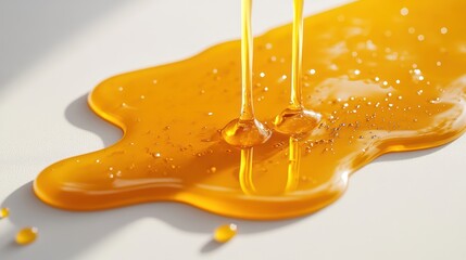 Golden honey pouring and spreading on a surface.