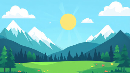 Obraz premium A modern flat vector illustration featuring mountains, summits, and trees, creating a serene and natural landscape suitable for a variety of designs or backgrounds.