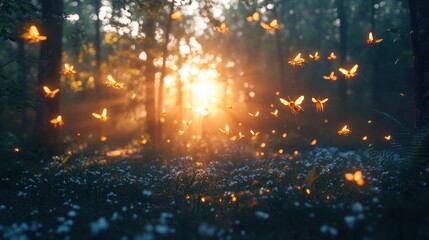 Magical sunset in forest with glowing butterflies.