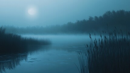 Fototapeta premium Serene moonlit lake shrouded in mist, tranquil water reflecting the pale moonlight, tall grasses at the edges.