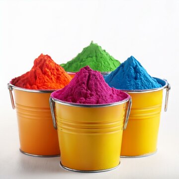 Indian festival happy holi, colorful holi powder or gulal in group of buckets on isolated on white background
