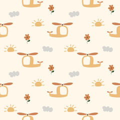 Helicopter cartoon so cute. On flower sun cloud background. Pattern seamless vector illustration. 
