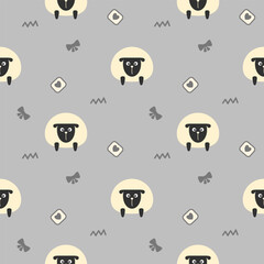 Sheep cartoon so cute. On knot heart gray background. Pattern seamless vector illustration. 
