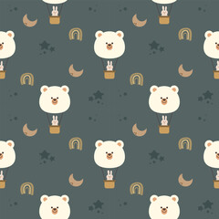 Hot air balloon face polar bear cartoon so cute. On rabbit rainbow moon star background. Pattern seamless vector illustration. 
