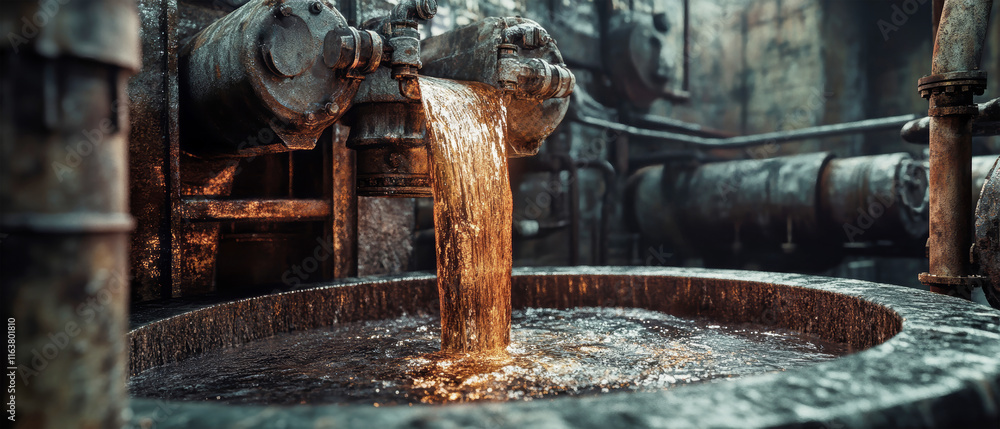Poster molten metal pouring into industrial pipes, creating a dynamic flow with water in a rustic setting