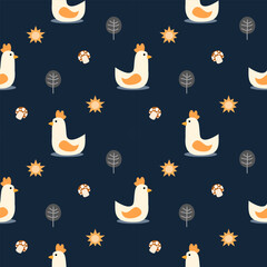 Chicken cartoon so cute. On mushroom sun tree background. Pattern seamless vector illustration. 