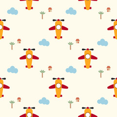 Airplane cartoon so cute. On cloud tree house background. Pattern seamless vector illustration. 