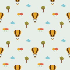 Hot air balloon cartoon so cute. On tree cloud flower background. Pattern seamless vector illustration. 