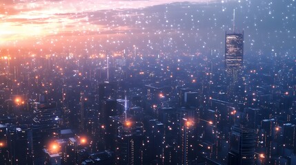 Fototapeta premium Futuristic Cityscape at Twilight Glowing with Digital Particles