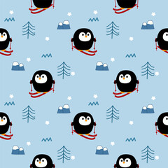 Penguin play ski cartoon so cute. On tree mountain snow light blue background. Pattern seamless vector illustration. 
