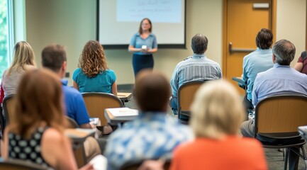 Une classe de formation commerciale avec des personnes assises &agrave; des bureaux, vue de dos, &eacute;coutant la formatrice.
