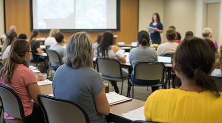 Une classe de formation commerciale avec des personnes assises à des bureaux, vue de dos, écoutant la formatrice.
