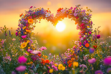 Ein Herz aus bunten Blumen auf einer blühenden Wiese im warmen Sonnenlicht, Happy Valentins Day - sag es mit Blumen, Romantische Karte zum Valentinstag, Hochzeit, Einladung, Freundschaft, Verlobung