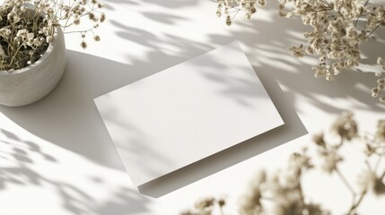 Minimalist layout features blank card surrounded by delicate fol