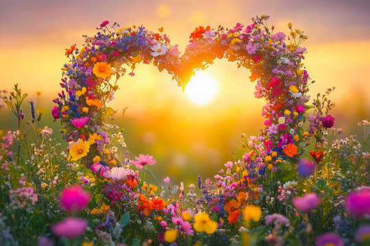 Ein Herz aus bunten Blumen auf einer bl&uuml;henden Wiese im warmen Sonnenlicht, Happy Valentins Day - sag es mit Blumen, Romantische Karte zum Valentinstag, Hochzeit, Einladung, Freundschaft, Verlobung