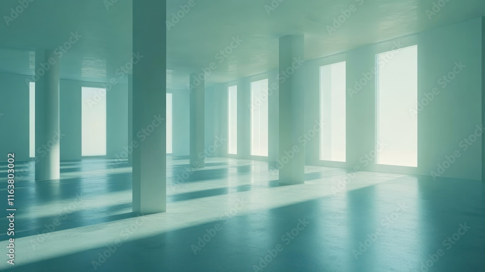 Poster sunlit modern minimalist interior with columns and large windows.