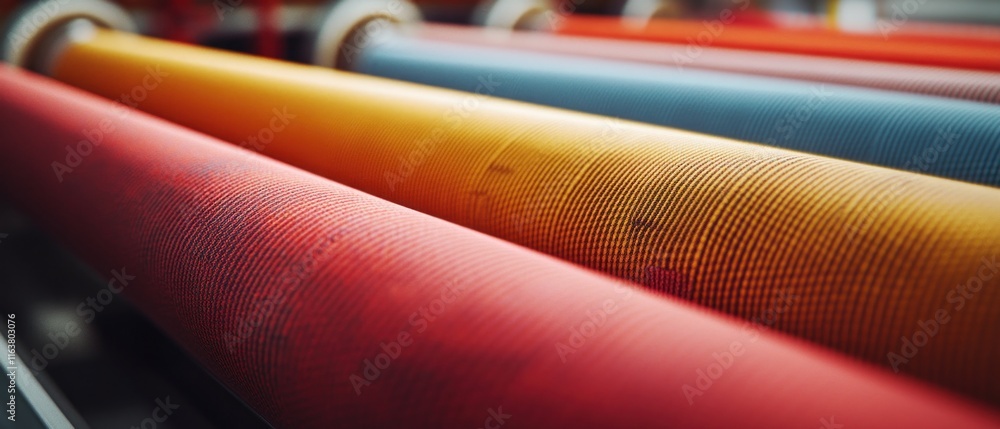 Poster close-up of colorful printing rollers in a factory.