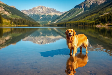 Golden Retriever Joyfully Playing in a Scenic Mountain Lake Landscape