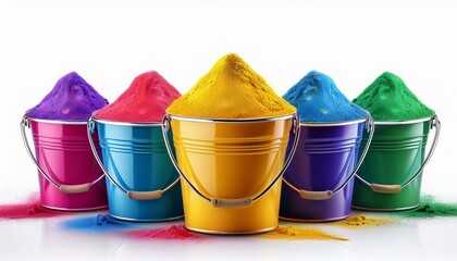 Indian festival happy holi, colorful holi powder in group of buckets also called as gulal on isolated on white background