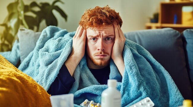 Un homme malade aux cheveux roux dans un canap&eacute; &agrave; la maison, envelopp&eacute; dans une couverture bleue, se tenant la t&ecirc;te avec ses mains. Concept de grippe et de fi&egrave;vre.
