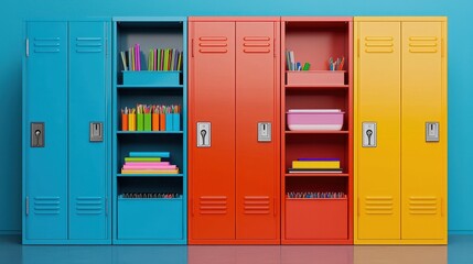 Colorful School Lockers with Supplies in a Bright Classroom Setting