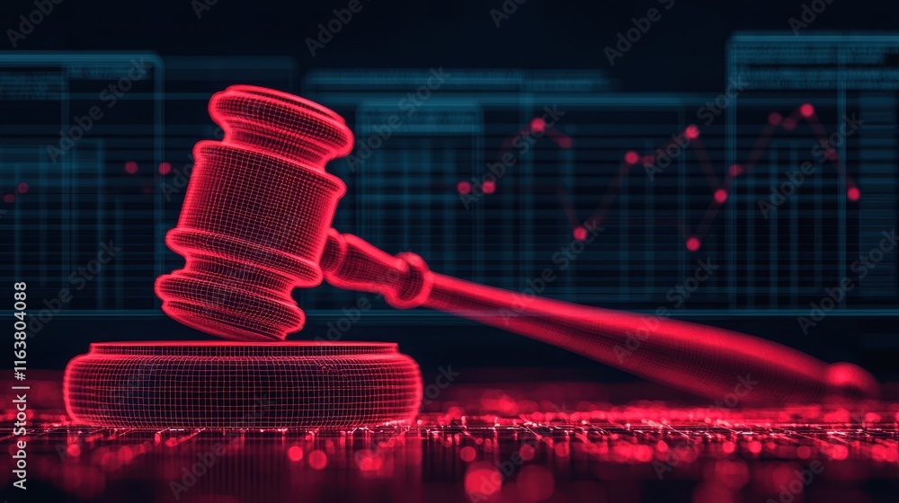 Poster digital gavel with graphs representing justice and technology concepts