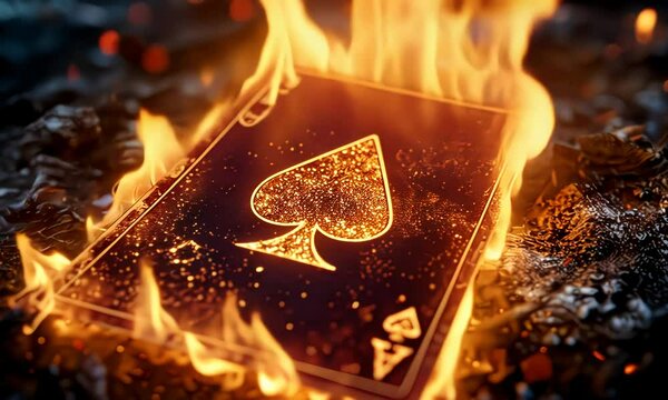 Flaming ace of spades card engulfed in fire and glowing dramatically