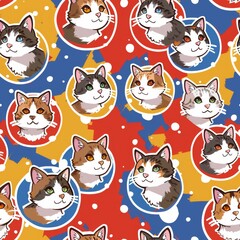 Vibrant seamless pattern of cartoon cats with unique expressions on a colorful background