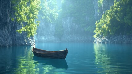 Serene wooden boat floats on calm, misty lake nestled within lush green canyon cliffs.