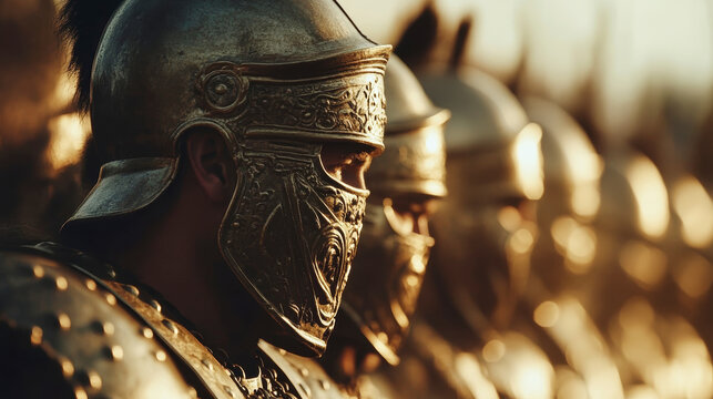 Close-up of disciplined Roman soldiers in formation showcasing strength and unity under the golden glow of sunset