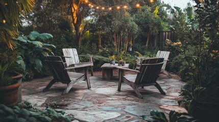 Obraz premium Tranquil patio with wooden chairs, stone flooring, lush greenery, and fairy lights.