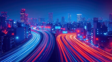 Fototapeta premium Night cityscape with vibrant light trails on highway.