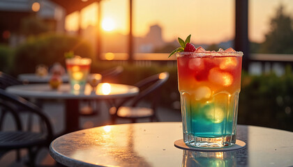 Colorful signature cocktail for Bartender Day celebration at sunset