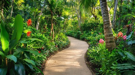 Naklejka premium Jungle forest landscape with road and green plants. Tropical leaf and flower frame. Cartoon vector illustration of wet exotic rainforest scenery with trees and liana vines, soil path and bushes.