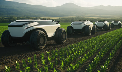 Robotic vehicles on a farm field, autonomous agriculture in future concept. Generative AI
