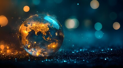 A glass globe with gold glitter continents and a dark blue background with bokeh lights.