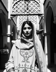 Obraz premium Woman in Traditional Attire and Vintage Architecture