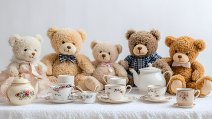 whimsical display of vintage teddy bears at tea party, showcasing charm and nostalgia
