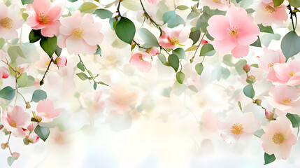 Fototapeta premium Whimsical depiction of camellias with soft pink flowers and green leaves